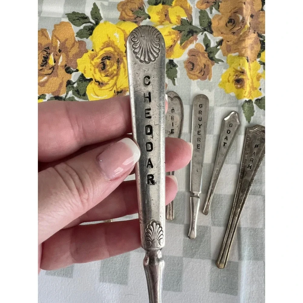 Set of 6 repurposed  Hand Stamped Vintage Spoon Handles Cheese Markers